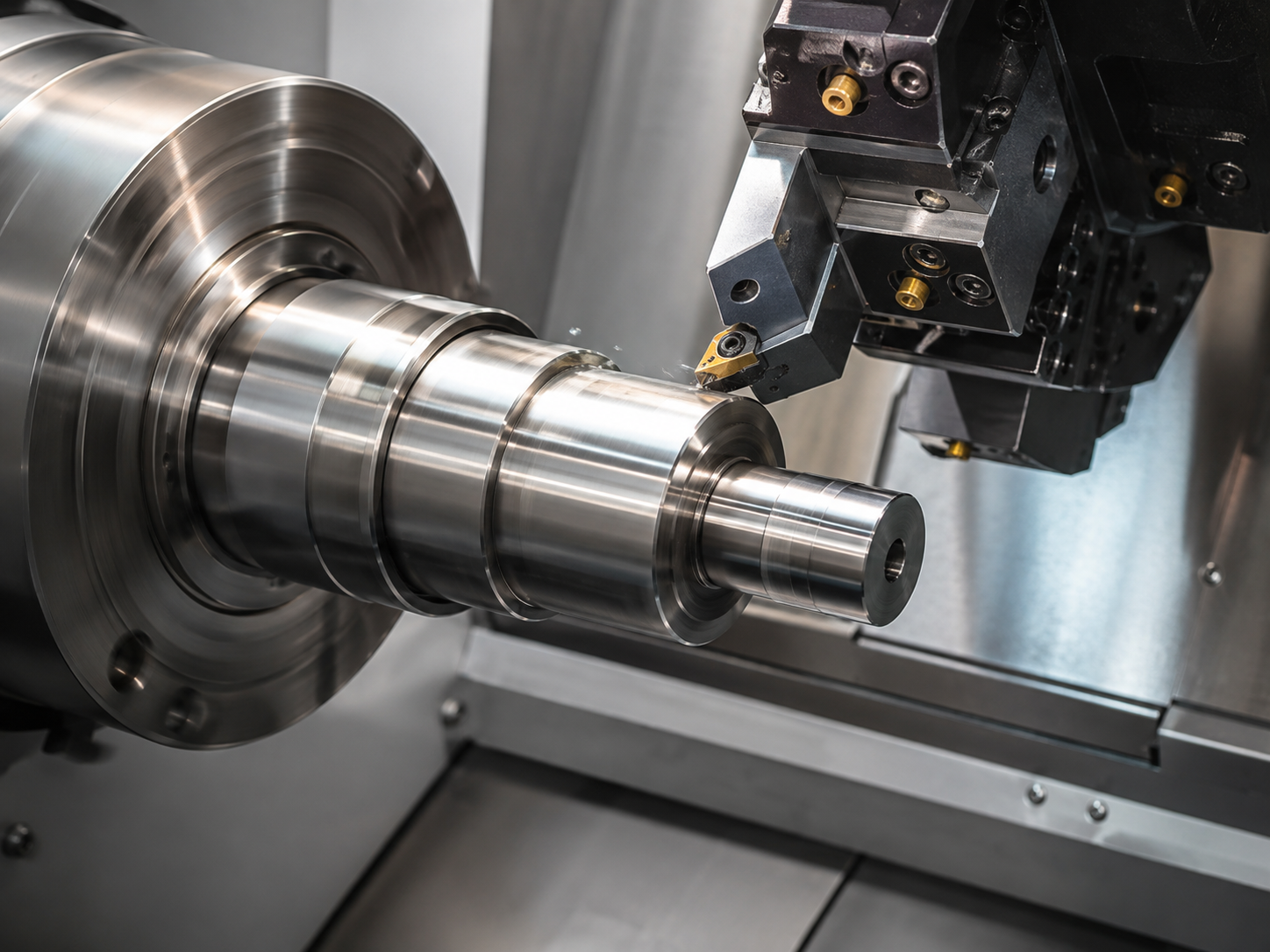Precision CNC turning operation producing a machined cylindrical component.