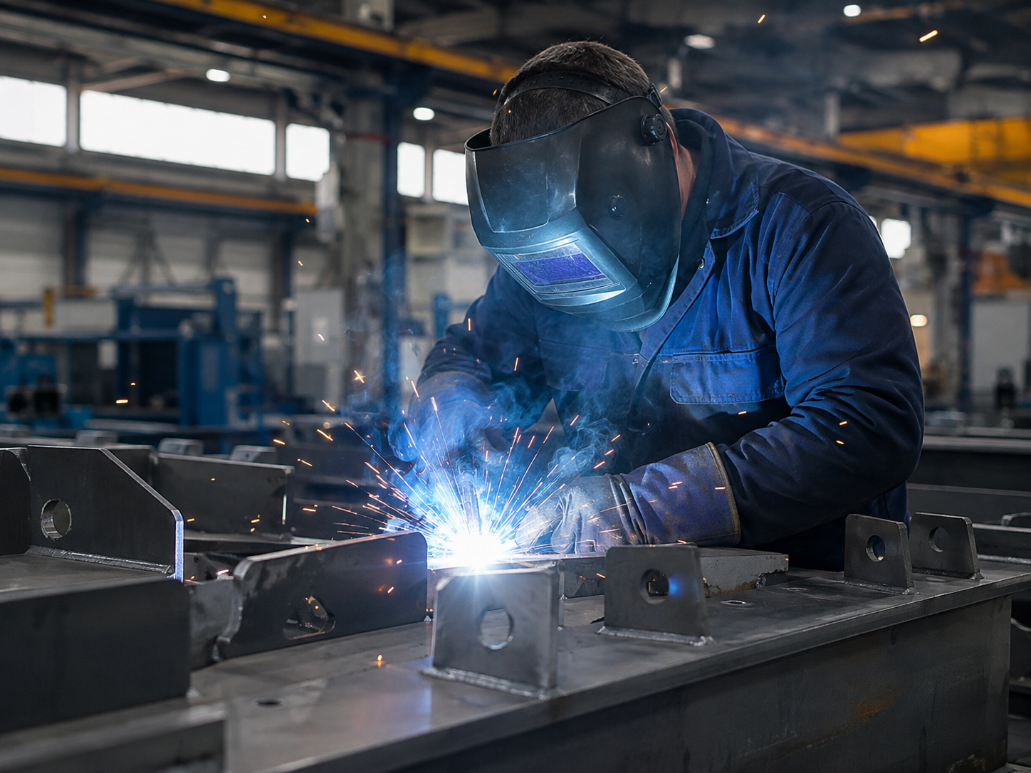 Industrial welding and fabrication work on steel components.